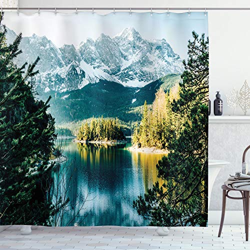 ABAKUHAUS Winter Duschvorhang, Berg Frozen Lake, Stoffliches Gewebe Badezimmerdekorationsset mit Haken, 175 x 240 cm, Grün Weiß von ABAKUHAUS