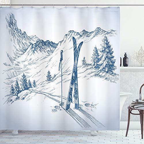 ABAKUHAUS Winter Duschvorhang, Landschaft von Snowy Mountains, Stoffliches Gewebe Badezimmerdekorationsset mit Haken, 175 x 200 cm, Dunkel Petrol Blau Weiß von ABAKUHAUS