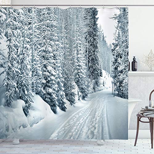 ABAKUHAUS Winter Duschvorhang, Ski Theme Snowy-Straße, Stoffliches Gewebe Badezimmerdekorationsset mit Haken, 175 x 220 cm, Weiß Schwarz von ABAKUHAUS