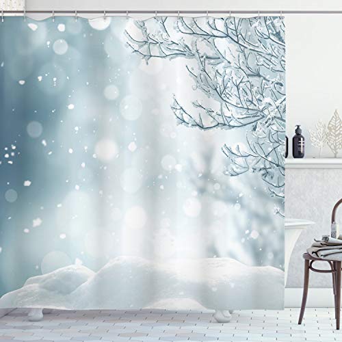 ABAKUHAUS Winter Duschvorhang, Weihnachtszeit-Schnee, Stoffliches Gewebe Badezimmerdekorationsset mit Haken, 175 x 200 cm, Slate Blau Weiß von ABAKUHAUS