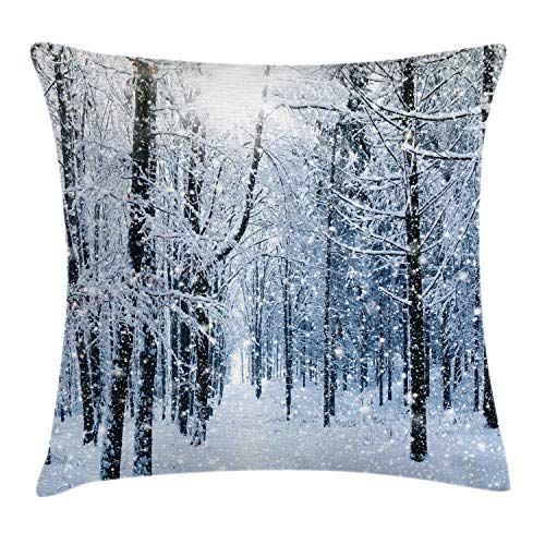 ABAKUHAUS Winter Kissenbezug, Schnee bedeckter Wald, Klöppelkissenhüllen mit Beidseitigen Druck Farbfest Waschbar und Reißverschluß, 40 x 40 cm, Blaugrau Weiß Schwarz von ABAKUHAUS