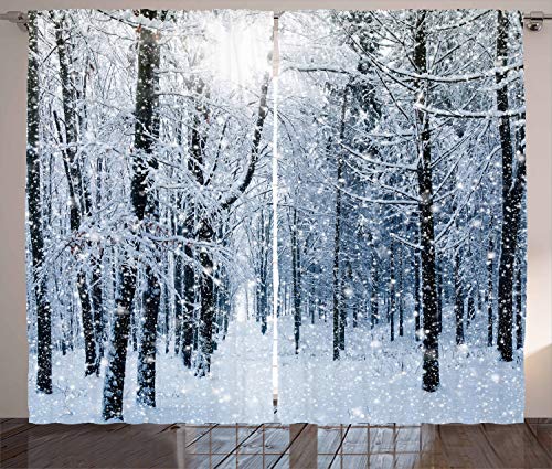 ABAKUHAUS Winter Rustikaler Gardine, Schnee bedeckte Wald, Schlafzimmer Kräuselband Vorhang mit Schlaufen und Haken, 280 x 245 cm, Blaugrau Weiß Schwarz von ABAKUHAUS