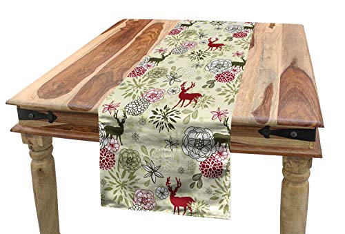 ABAKUHAUS Winter Tischläufer, Deer Blumen Weihnachten, Esszimmer Küche Rechteckiger Dekorativer Tischläufer, 40 x 180 cm, Hellgrün von ABAKUHAUS