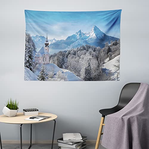 ABAKUHAUS Winter Wandteppich, Bavaran Alpen Deutschland, Wohnzimmer Schlafzimmer Heim Seidiges Satin Wandteppich, 200 x 150 cm, Weiß Blau von ABAKUHAUS
