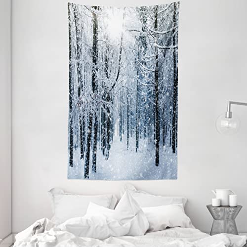 ABAKUHAUS Winter Wandteppich und Tagesdecke, Schnee bedeckter Wald aus Weiches Mikrofaser Stoff Waschbar ohne Verblassen Digitaldruck, 140 x 230 cm, Schwarz Weiß Schiefer Blau von ABAKUHAUS