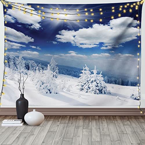 ABAKUHAUS Winter Wandteppich und Tagesdecke, Snow Covered Trees, aus Weiches Mikrofaser Stoff Wand Dekoration Für Schlafzimmer, 230 x 140 cm, Blau Weiß von ABAKUHAUS