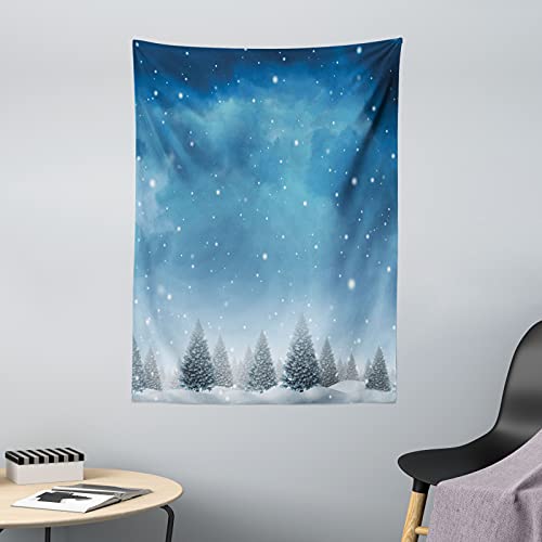 ABAKUHAUS Winter Wandteppich und Tagesdecke, Weihnachten Blau Bäume des Waldes, aus Weiches Mikrofaser Stoff Schmutz abweichender Digitaldruck, 110 x 150 cm, Blau Weiss von ABAKUHAUS