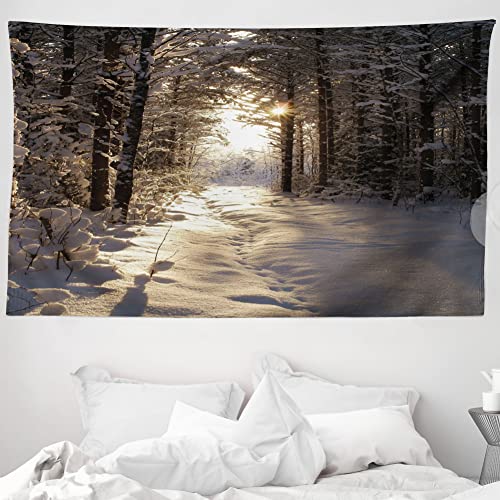 ABAKUHAUS Winter Wandteppich und Tagesdecke, Weihnachten Schnee Wald aus Weiches Mikrofaser Stoff Waschbar ohne Verblassen Digitaldruck, 230 x 140 cm, Hellgelb Braun von ABAKUHAUS