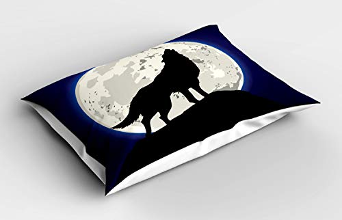 ABAKUHAUS Wolf Kissenbezug, Howling Tier und Nacht Mond, Dekorativer Standard King Size Gedruckter Kissenbezug, 80 x 40 cm, Elfenbein Schwarz von ABAKUHAUS