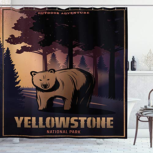 ABAKUHAUS Wyoming Duschvorhang, Bär im Yellowstone Wald, Stoffliches Gewebe Badezimmerdekorationsset mit Haken, 175 x 200 cm, Mehrfarbig von ABAKUHAUS