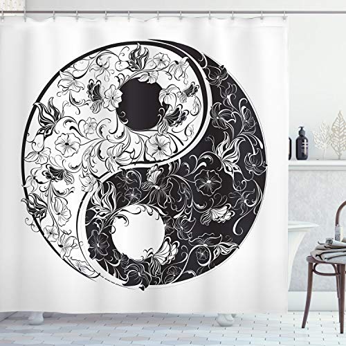 ABAKUHAUS Yin Yang Duschvorhang, floral Ornamentik, Stoffliches Gewebe Badezimmerdekorationsset mit Haken, 175 x 200 cm, Dunkle Taupe und Weiß von ABAKUHAUS