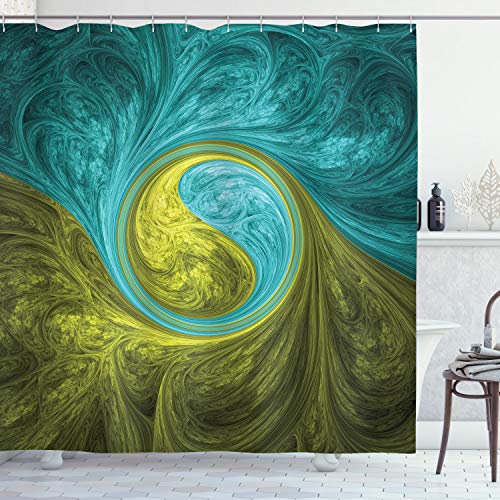 ABAKUHAUS Ying Yang Duschvorhang, Ethnisch, Stoffliches Gewebe Badezimmerdekorationsset mit Haken, 175 x 240 cm, Khaki Teal von ABAKUHAUS