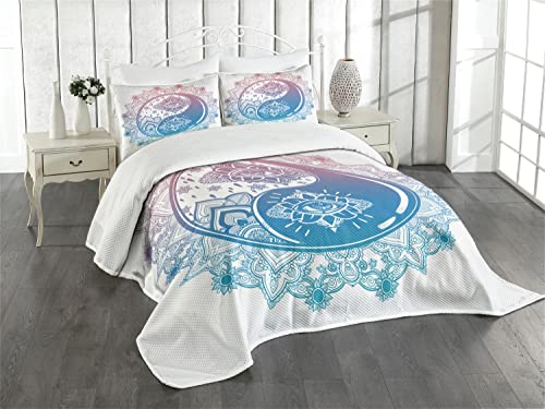 ABAKUHAUS Ying Yang Tagesdecke Set, Ying Yang Mandala Asian, Set mit Kissenbezug Feste Farben, für Einzelbetten 170 x 220 cm, Rosa Blau von ABAKUHAUS