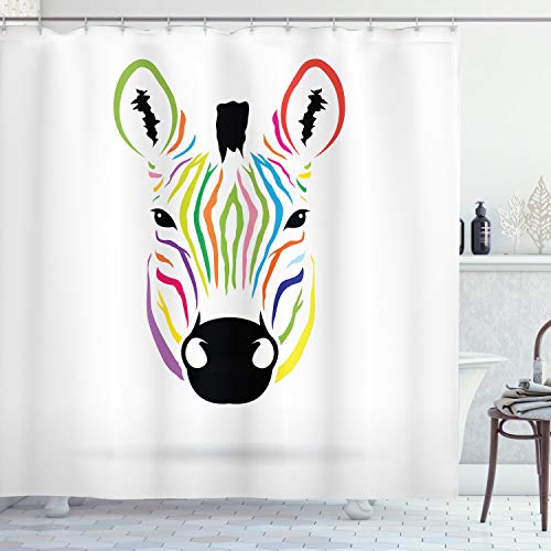 ABAKUHAUS Zebra Duschvorhang, Bunte exotische Lustig, Stoffliches Gewebe Badezimmerdekorationsset mit Haken, 175 x 180 cm, Mehrfarbig von ABAKUHAUS
