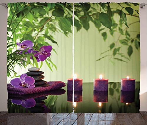 ABAKUHAUS Zen Rustikaler Gardine, Spa Kerzen Orchideen Bloom, Schlafzimmer Kräuselband Vorhang mit Schlaufen und Haken, 280 x 245 cm, Hellgrün Farngrün von ABAKUHAUS