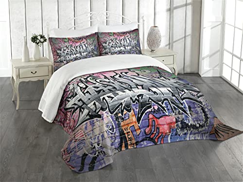 ABAKUHAUS Ziegelwand Tagesdecke Set, Graffiti Grunge Wall Art, Set mit Kissenbezug Feste Farben, für Einzelbetten 170 x 220 cm, Grau Rosa von ABAKUHAUS