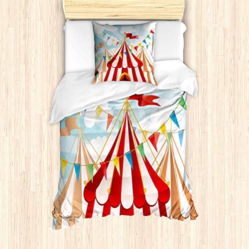 ABAKUHAUS Zirkus Bettbezug Set für Einzelbetten, Circus bewölkt Sonne Himmel, Milbensicher Allergiker geeignet mit Kissenbezug, Weiß Rot von ABAKUHAUS