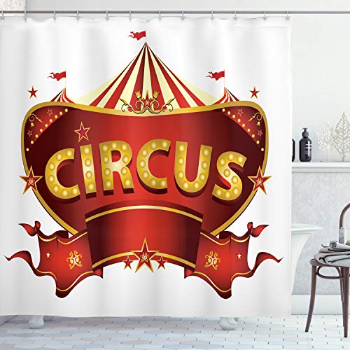 ABAKUHAUS Zirkus Duschvorhang, Karneval Zeichen Nachtleben, Stoffliches Gewebe Badezimmerdekorationsset mit Haken, 175 x 200 cm, Gelb Weiß Rot von ABAKUHAUS