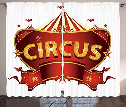 ABAKUHAUS Zirkus Rustikaler Gardine, Karneval Zeichen Nachtleben, Schlafzimmer Kräuselband Vorhang mit Schlaufen und Haken, 280 x 225 cm, Goldweiß Rot von ABAKUHAUS