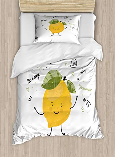 ABAKUHAUS Zitrone Bettbezugs Set für Einzelbetten, Lustige glückliche Zitrone Doodle, Milbensicher Allergiker geeignet mit Kissenbezug, 130 x 200 cm, Gelb von ABAKUHAUS