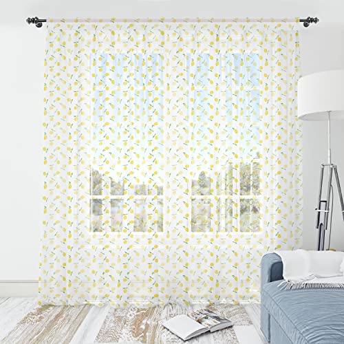 ABAKUHAUS Zitrone Tüll Vorhänge mit Stabtasche, Sommer, Zitrusfrucht, Schiere Drapierung für Hochzeit Party 2 Panels, 135 cm x 274 cm, Senf Lindgrün von ABAKUHAUS