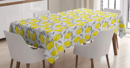 ABAKUHAUS Zitronen Tischdecke, Skizziert Lemon Pattern, Druck mit Klaren Farben ohne Verblassen Waschbar für innen oder Außen Bereich, 140 x 170 cm, Gelb Weiß und Schwarz von ABAKUHAUS