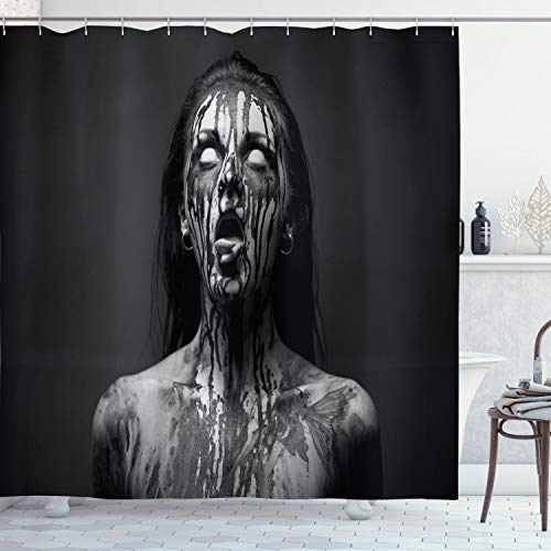 ABAKUHAUS Zombie Duschvorhang, Schreien Frau, Stoffliches Gewebe Badezimmerdekorationsset mit Haken, 175 x 240 cm, Schwarz und Weiß von ABAKUHAUS