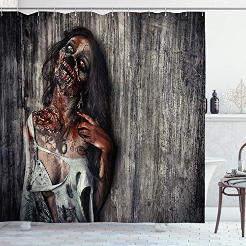 ABAKUHAUS Zombie Duschvorhang, Verärgerten Toten Frau, Stoffliches Gewebe Badezimmerdekorationsset mit Haken, 175 x 220 cm, Dunkler Taupe Peach Red von ABAKUHAUS