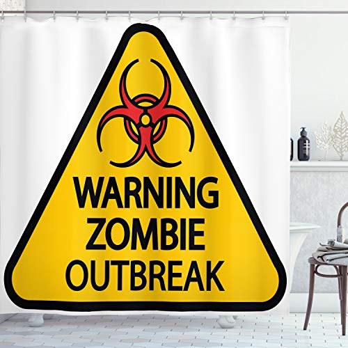 ABAKUHAUS Zombie Duschvorhang, Warnung Outbreak, Stoffliches Gewebe Badezimmerdekorationsset mit Haken, 175 x 220 cm, Erde Gelb Rot Schwarz von ABAKUHAUS