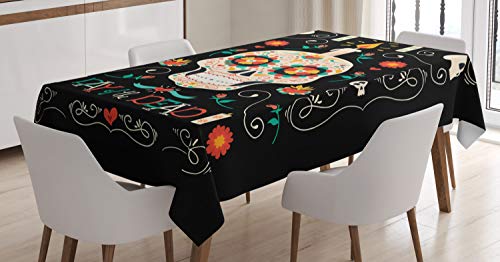 ABAKUHAUS Zuckerschädel Tischdecke, Calavera und Kerze, Druck mit Klaren Farben ohne Verblassen Waschbar für innen oder Außen Bereich, 140 x 240 cm, Schwarz Beige von ABAKUHAUS