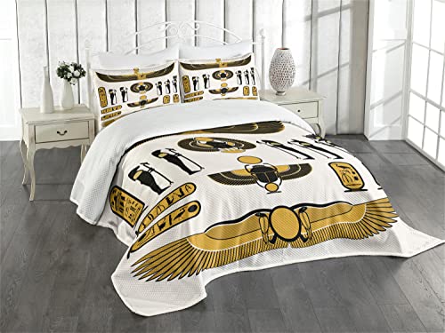 ABAKUHAUS ägyptisch Tagesdecke Set, mythische Geist, Set mit Kissenbezügen Waschbar, für Einzelbetten 170 x 220 cm, Schwarz Gelb von ABAKUHAUS