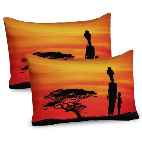 ABAKUHAUS afrikanisch Kissenbezug Packung mit 2, Ländliche Landschaftslandschaft Mutter und Kind am Sunset Acacia Tree, Dekorativer Gedruckter Kissenbezug, 80 x 40 cm, Scharlachrot Gelb Schwarz von ABAKUHAUS