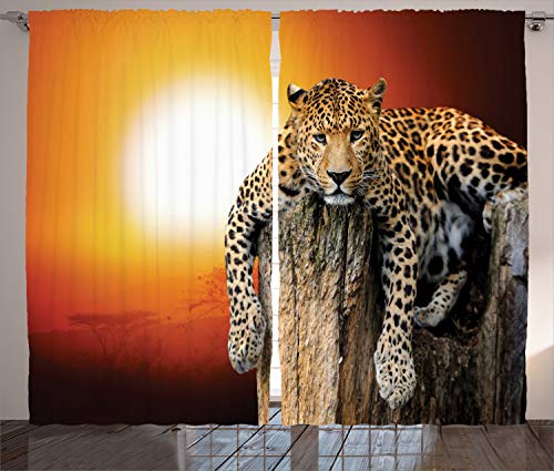 ABAKUHAUS afrikanisch Rustikaler Gardine, Safari Leopard auf Baum, Schlafzimmer Kräuselband Vorhang mit Schlaufen und Haken, 280 x 245 cm, Braun Orange von ABAKUHAUS