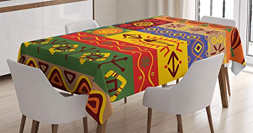 ABAKUHAUS afrikanisch Tischdecke, West-Folk, Pflegeleicht Waschbar Schmutzabweisend und mit Klaren Farben Hochwertiger Druck, 140 x 170 cm, Orange Grün Gelb von ABAKUHAUS