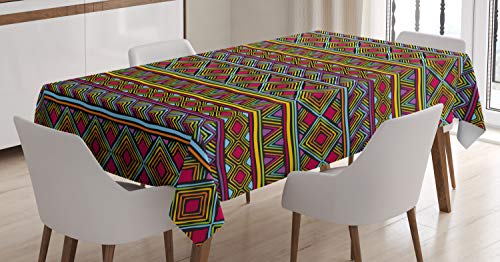 ABAKUHAUS afrikanisch Tischdecke, geometrische Bunte, Schmutzabweisent mit Modernster Druck Technologie Waschbar Klare Farben, 140 x 170 cm, Rot Gelb Lila von ABAKUHAUS