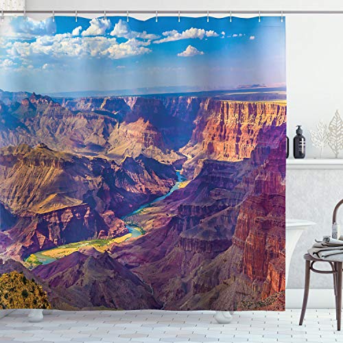 ABAKUHAUS amerikanisch Duschvorhang, Grand Canyon Sonnenaufgang, Stoffliches Gewebe Badezimmerdekorationsset mit Haken, 175 x 180 cm, Blau Tan von ABAKUHAUS