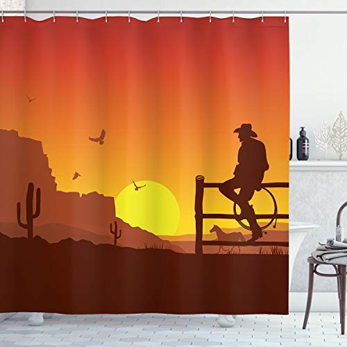 ABAKUHAUS amerikanisch Duschvorhang, Wild West Sunset Szene, Stoffliches Gewebe Badezimmerdekorationsset mit Haken, 175 x 180 cm, Burnt orange von ABAKUHAUS