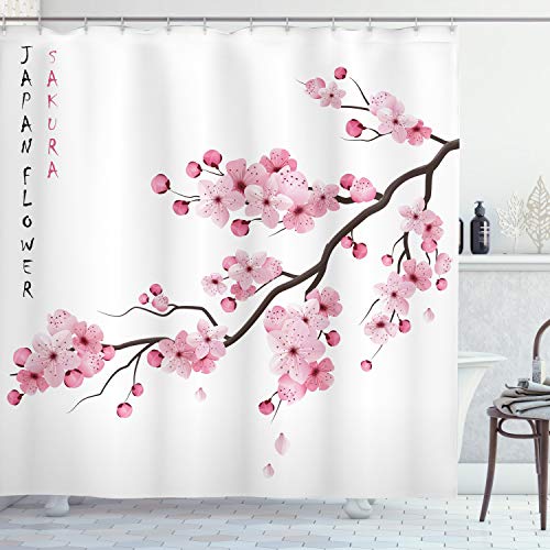 ABAKUHAUS Asiatisch Duschvorhang, Japanischer Kirschzweig, Stoffliches Gewebe Badezimmerdekorationsset mit Haken, 175 x 220 cm, Weiß Rosa von ABAKUHAUS