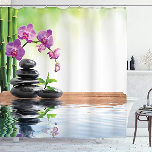 ABAKUHAUS asiatisch Duschvorhang, Spa Spring Water Gesundheit, Stoffliches Gewebe Badezimmerdekorationsset mit Haken, 175 x 200 cm, Mehrfarbig von ABAKUHAUS