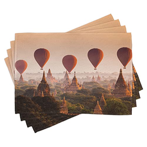 ABAKUHAUS asiatisch Platzmatten, Heißluft Ballon über Ebene Bagan Misty Morning Myanmar Famous Heritage, Waschbare Stoff Esszimmer Küche Tischdekorations Digitaldruck, Orange Zimt von ABAKUHAUS