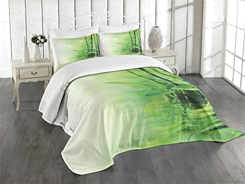 ABAKUHAUS asiatisch Tagesdecke Set, Zen Spa Bambusse Bäume, Set mit Kissenbezügen Moderne Designs, für Doppelbetten 220 x 220 cm, Hellgelb Grün von ABAKUHAUS