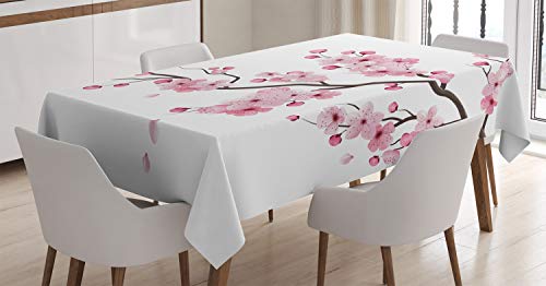 ABAKUHAUS Asiatisch Tischdecke, Japanischer Kirschzweig, Schmutzabweisend Pflegeleicht Waschbar Druck Mit Klaren Farben ohne Verblassen, 140 x 170 cm, Weiß Rosa von ABAKUHAUS