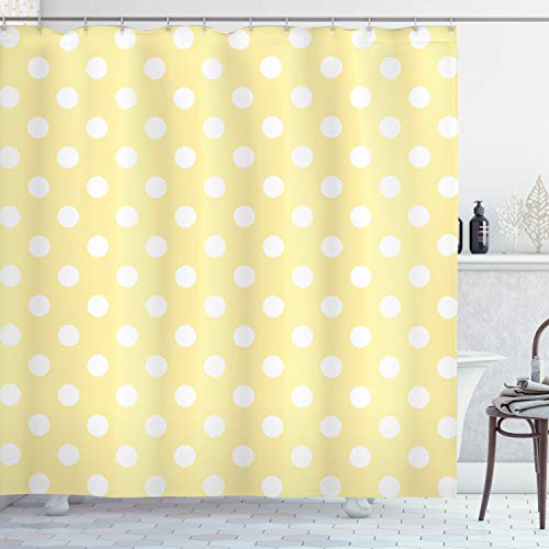 ABAKUHAUS dots Duschvorhang, Retro Tupfen Gelb, Stoffliches Gewebe Badezimmerdekorationsset mit Haken, 175 x 220 cm, Blassgelb und Weiß von ABAKUHAUS