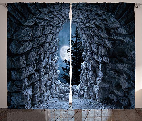 ABAKUHAUS gotisch Rustikaler Vorhang, Vollmond dunkle Höhle, Wohnzimmer Universalband Gardinen mit Schlaufen und Haken, 280 x 260 cm, Grau Blau von ABAKUHAUS