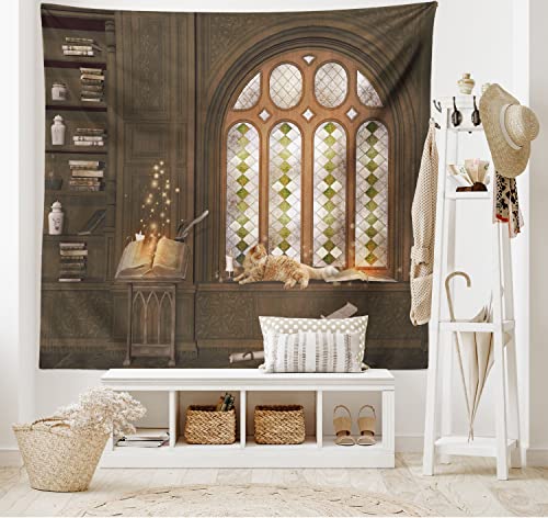 ABAKUHAUS gotisch Wandteppich und Tagesdecke Mittelalterliche Bibliothek Katzeaus Weiches Mikrofaser Stoff 230 x 140 cm, Pflegeleicht Taupe von ABAKUHAUS