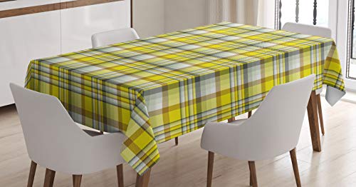 ABAKUHAUS grau Gelb Tischdecke, Vibrant Madras Plaid, Schmutzabweisend Pflegeleicht Waschbar Druck Mit Klaren Farben ohne Verblassen, 140 x 200 cm, Gelb Weiß von ABAKUHAUS