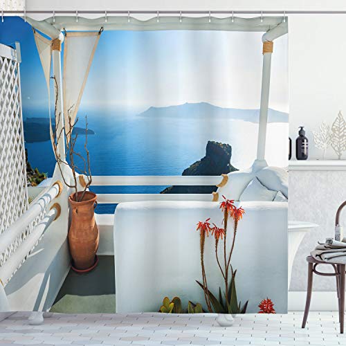 ABAKUHAUS griechisch Duschvorhang, Sunset Santorini, Stoffliches Gewebe Badezimmerdekorationsset mit Haken, 175 x 180 cm, Türkis und Blau von ABAKUHAUS