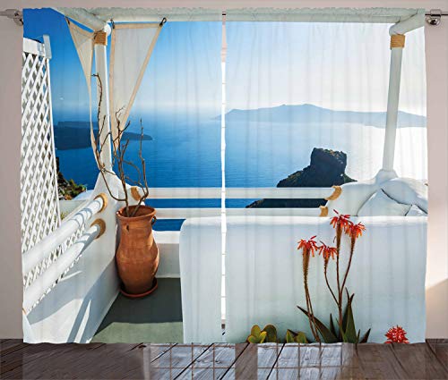 ABAKUHAUS griechisch Rustikaler Vorhang, Sunset Santorini, Wohnzimmer Universalband Gardinen mit Schlaufen und Haken, 280 x 175 cm, Türkis Blau von ABAKUHAUS