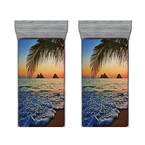 ABAKUHAUS hawaiisch 2er-Satz Spannbetttuch, Sonnenaufgang Lanikai Beach, Soft Dekorativer Stoff Bettwäsche Rund-um Elastischer Gummizug, 90 cm x 200 cm, blau, Braun, von ABAKUHAUS