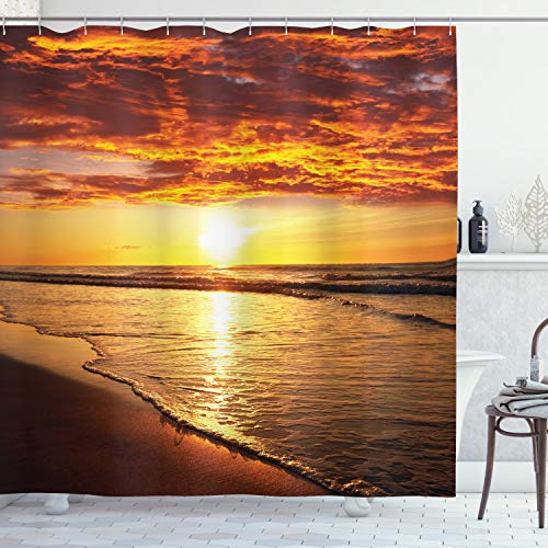 ABAKUHAUS hawaiisch Duschvorhang, Strand Sunset Coast, Stoffliches Gewebe Badezimmerdekorationsset mit Haken, 175 x 220 cm, Dunkle Orange Orange von ABAKUHAUS